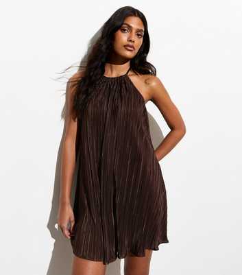 Dark Brown Plisse Halter Mini Dress
