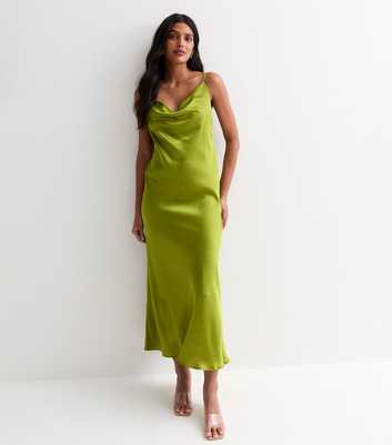 Light Green Strappy Satin Cowl Neck Midi Dress