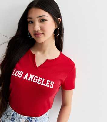 Girls Red Cotton Slitted Graphic Slogan Print T-Shirt 