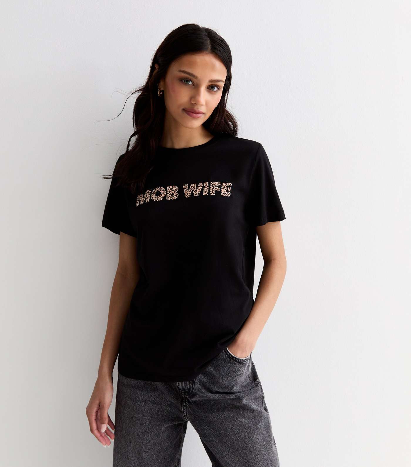 Black Cotton Leopard Mob Wife Print T-Shirt Image 2