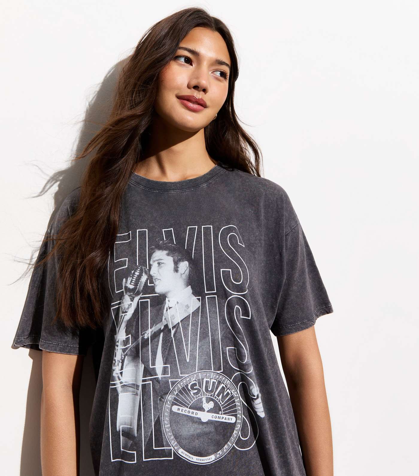 Dark Grey Cotton Acid Wash Elvis Print Oversized T-Shirt Image 3
