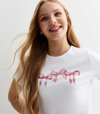 Girls White Triple Bow Print Cotton T-Shirt
