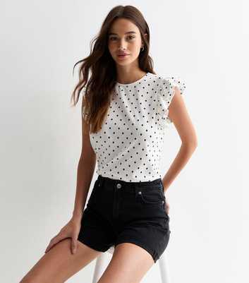 White Spot Frill Sleeve Cotton Top