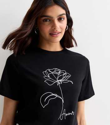 Black Amour Flower Print Cotton T-Shirt