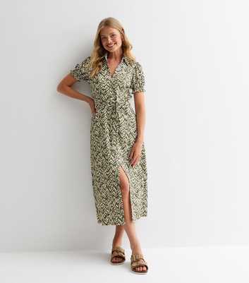 Green Zig-Zag Pattern Short Sleeve Crinkle Midi Dress