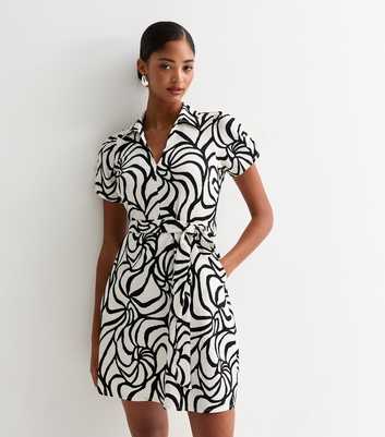 White Swirl-Pattern Short Sleeve Crinkle Shirt Dress