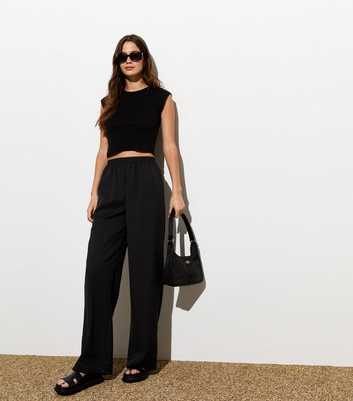 Black Elasticated Tailored Wide Leg Trousers