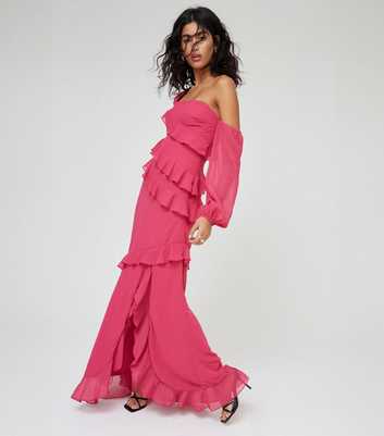WKNDGIRL Pink One Shoulder Ruffle Maxi Dress
