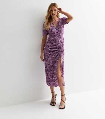 Gini London Purple Animal Print Ruched Midi Dress