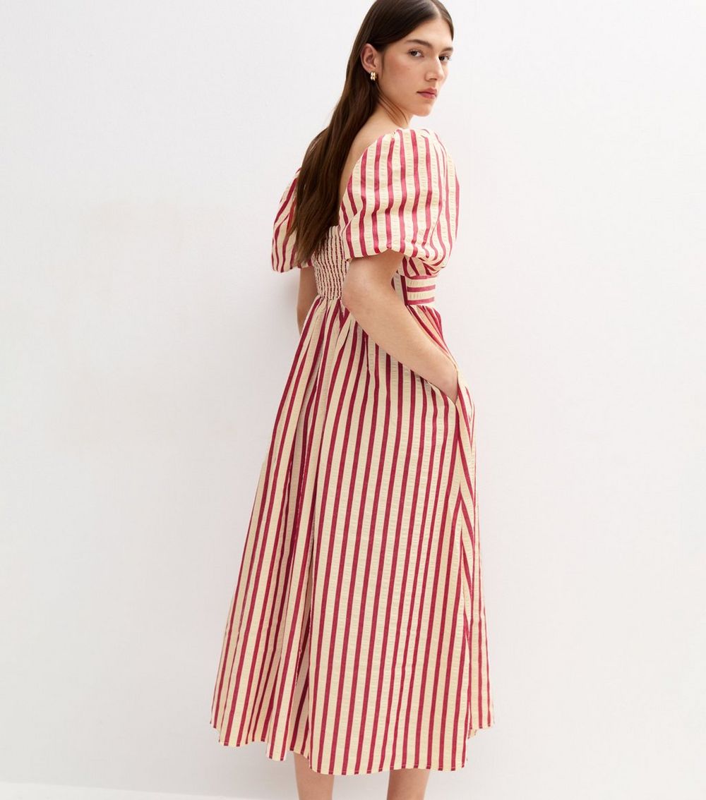 Red Striped Woven Puff Sleeve Milkmaid Midi Dress