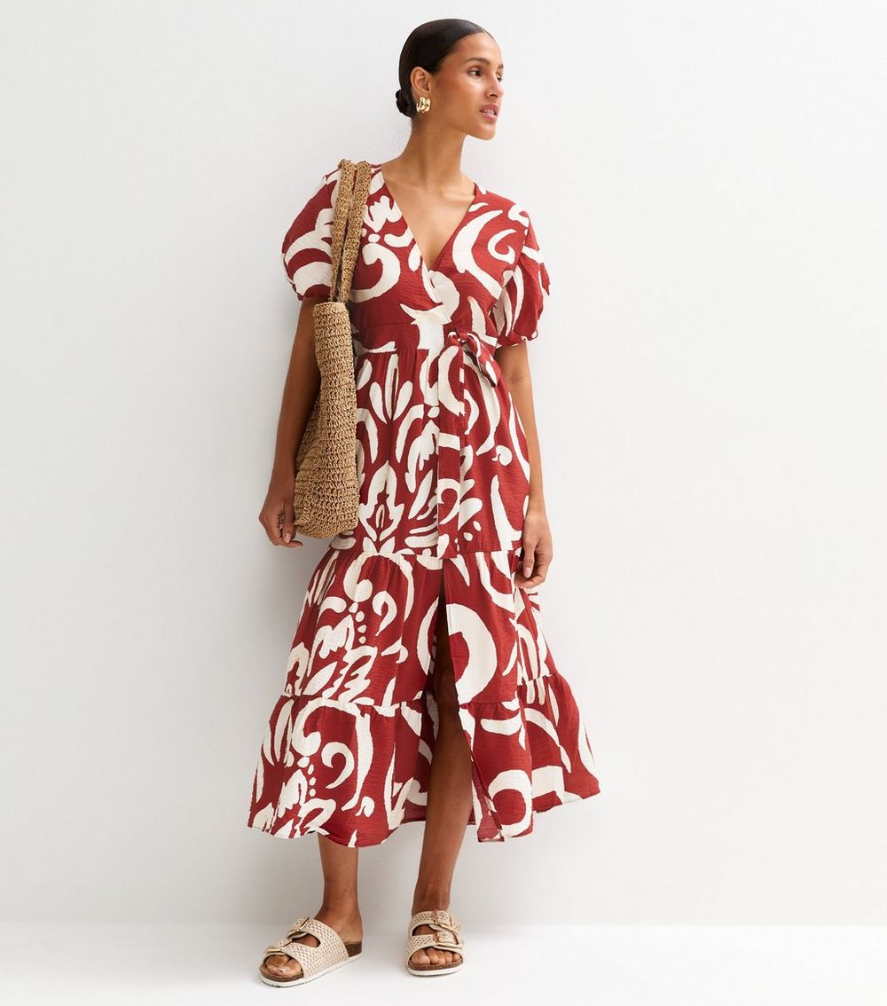 Red Abstract Print Wrap Midi Dress