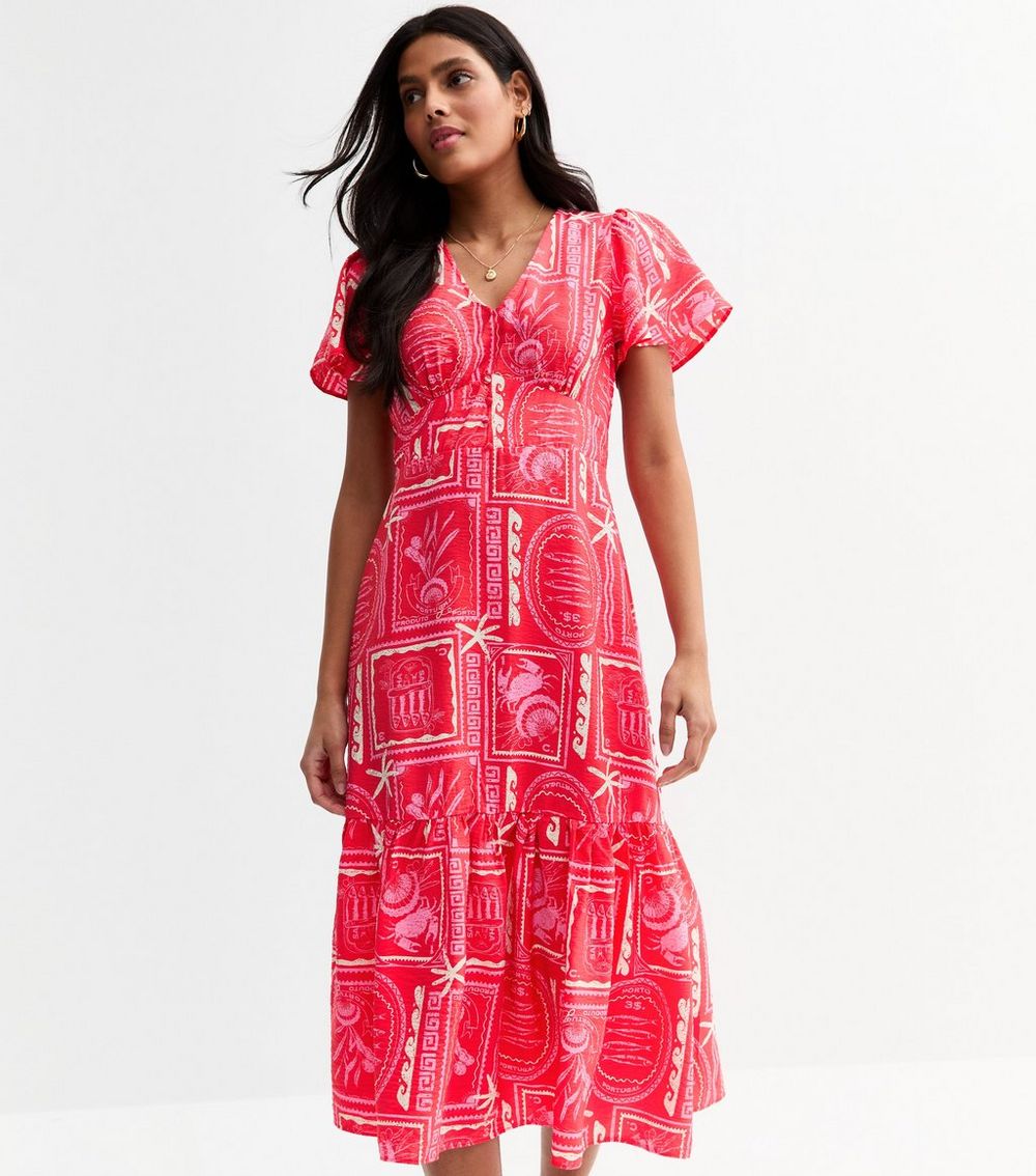 Pink Sea Print Tiered Midi Dress