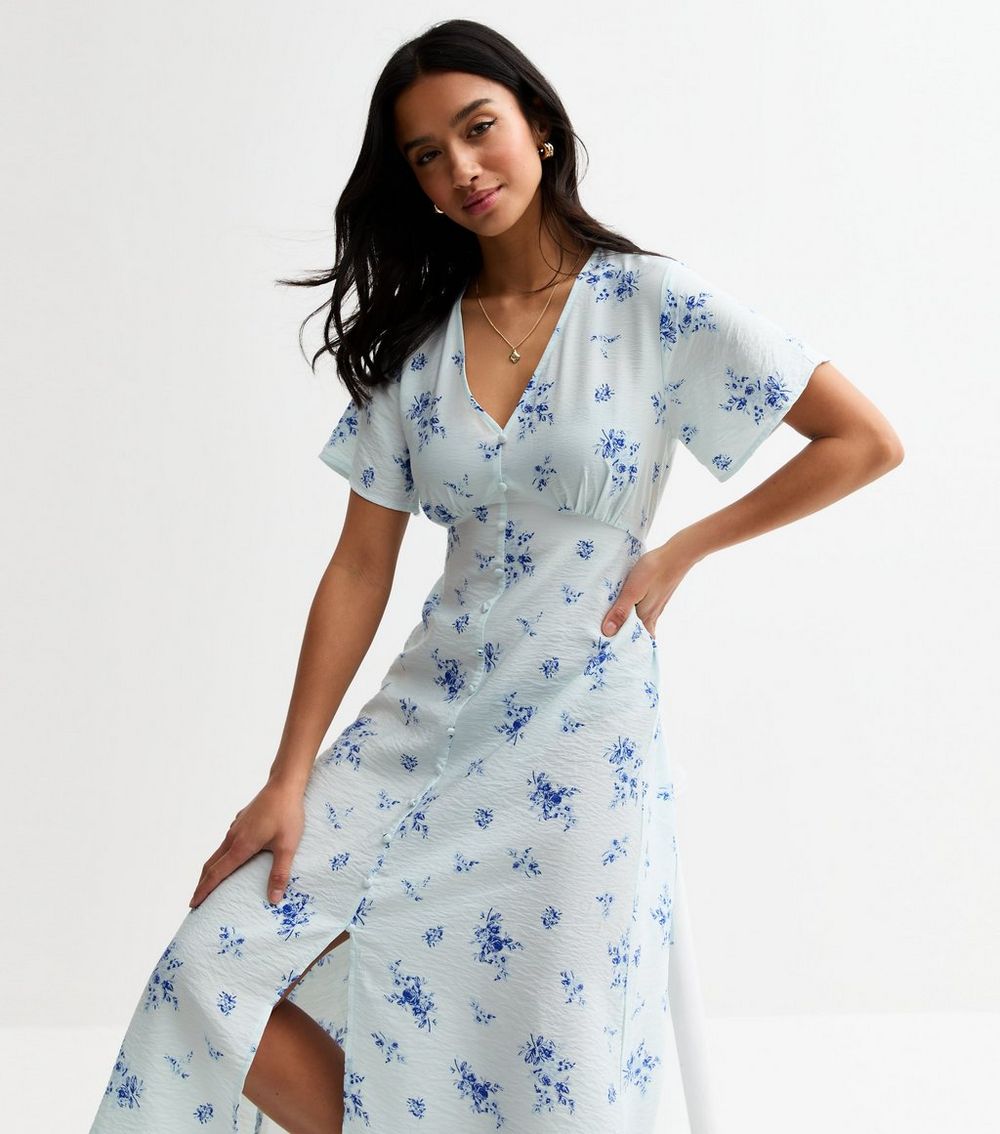 Petite Blue Floral Print Slit Hem Midi Dress