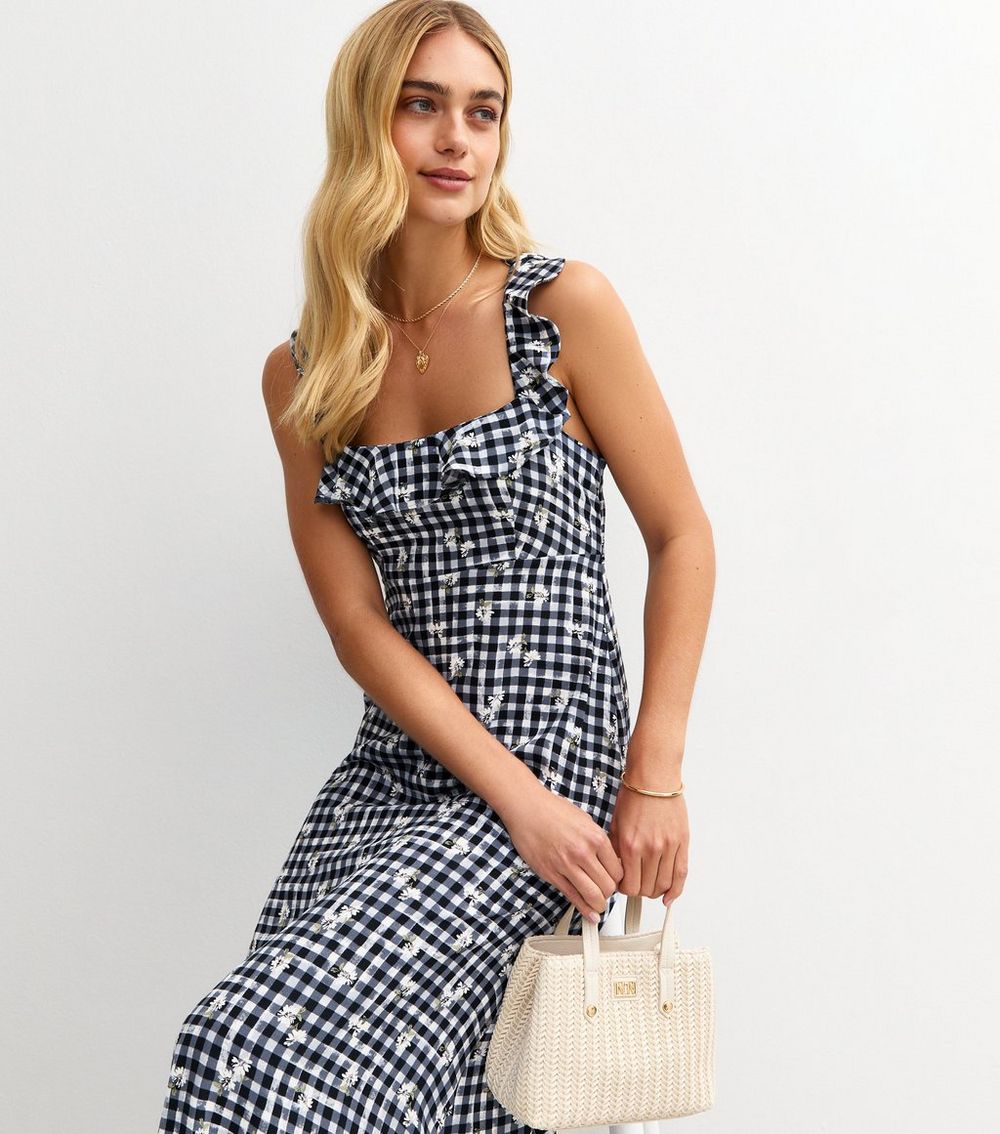 Navy Gingham Check Floral Print Midi Dress