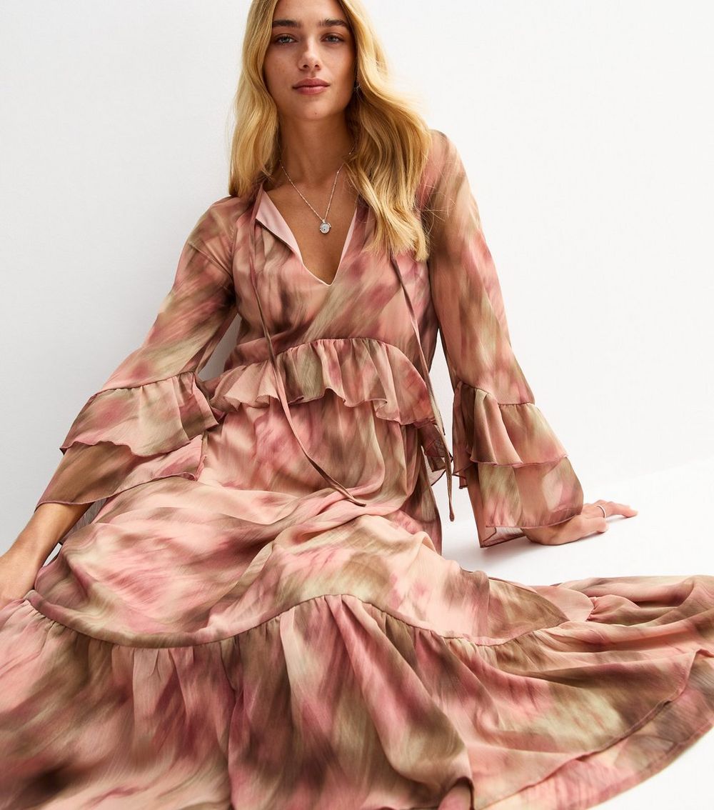 Pink Blurred Floral Print Chiffon Midi Dress