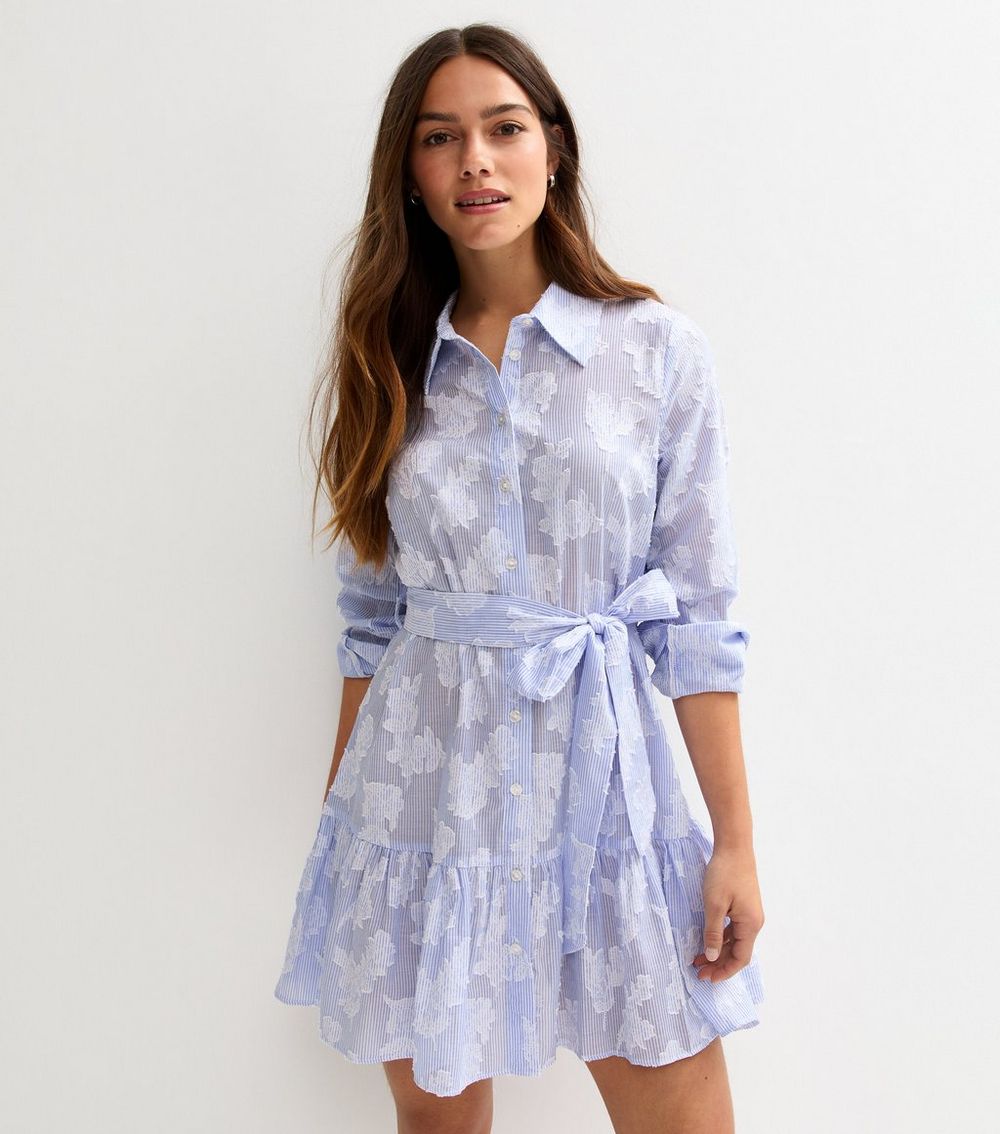 Petite Blue Floral Embroidered Striped Shirt Dress