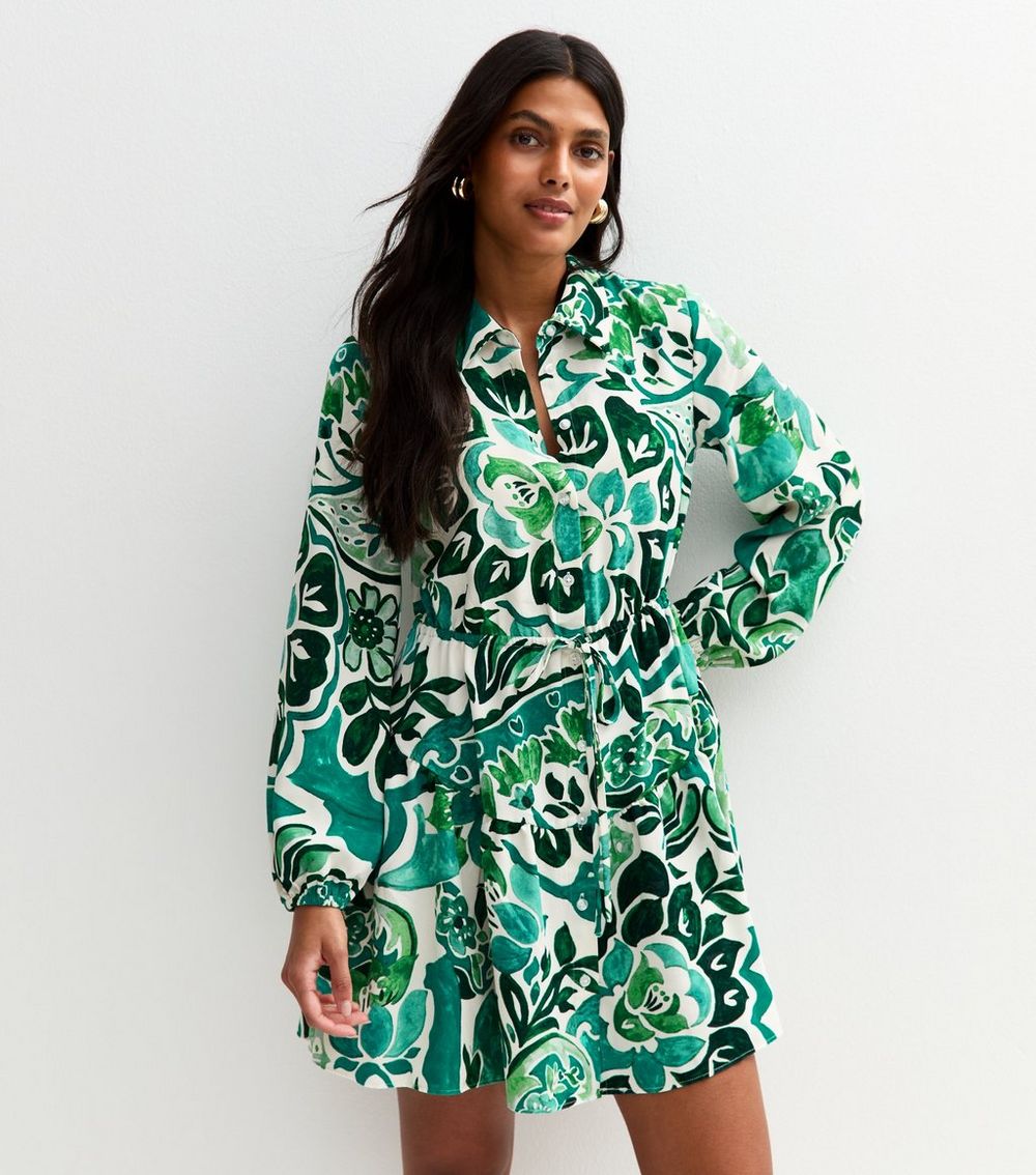 Green Paisley Print Belted Mini Shirt Dress