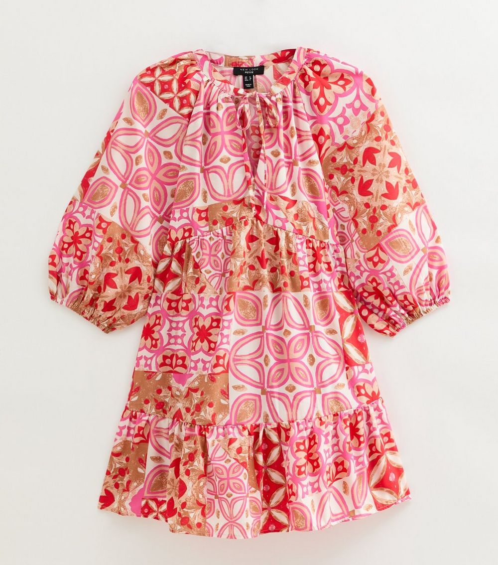 Petite Pink Tile Print Tiered Mini Smock Dress