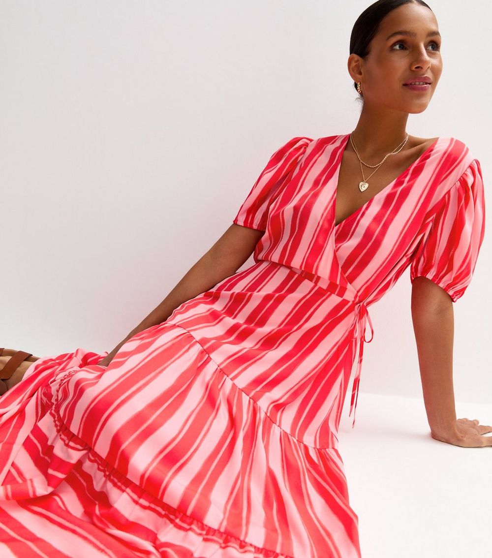 Pink Striped Wrap Midi Dress