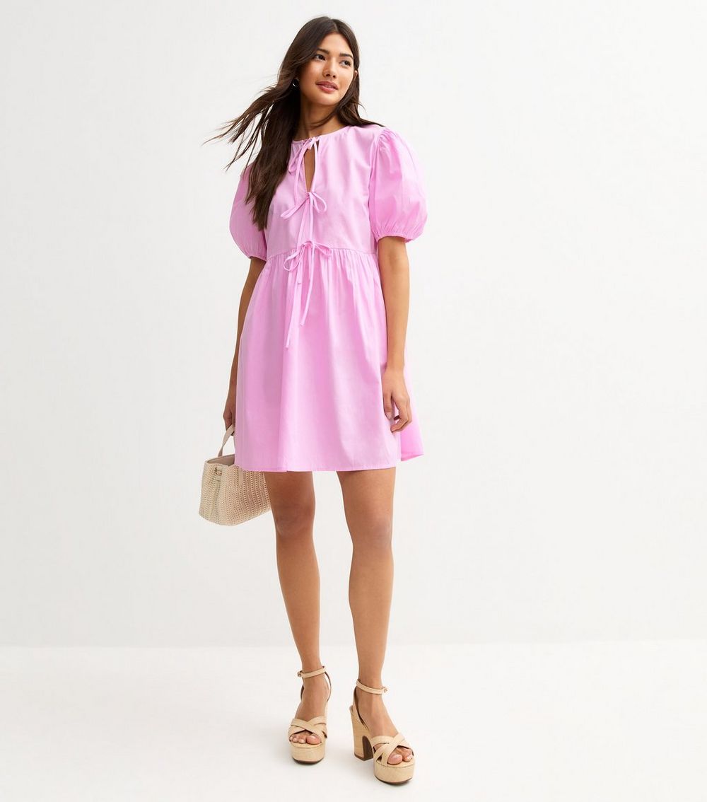 Light Pink Tie Front Bow Detail Mini Dress