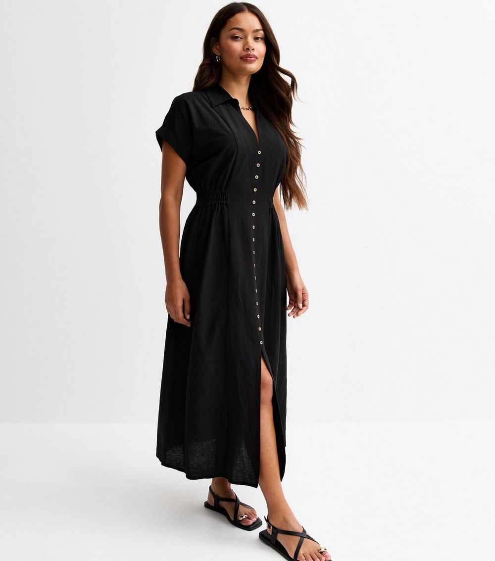 Petite Black Button Detail Midi Dress