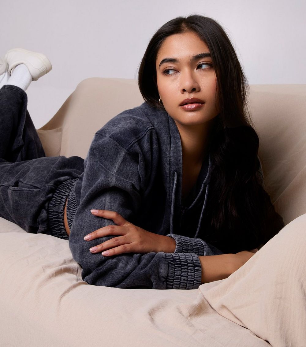 Pink Vanilla Black Washed Cropped Hoodie