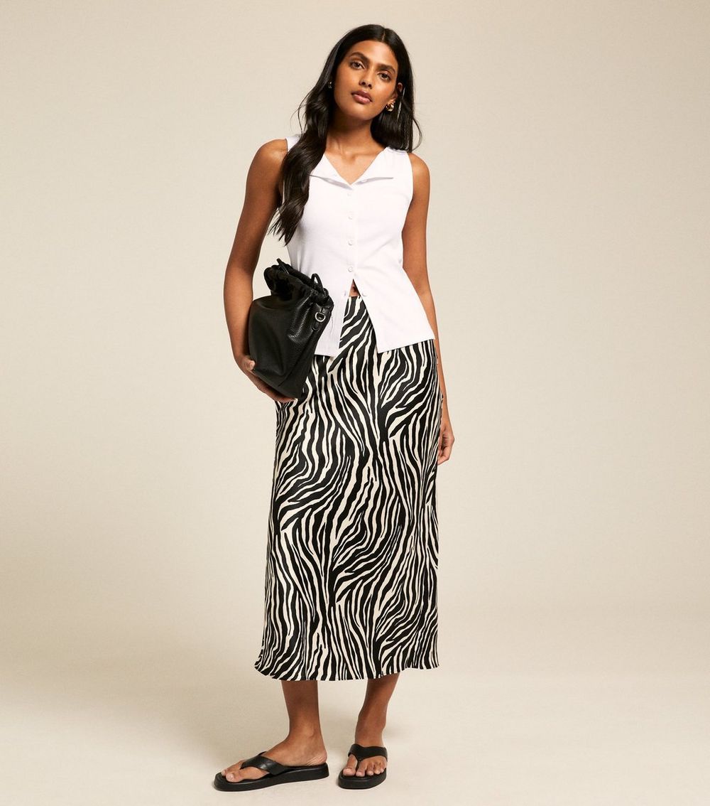 Black Zebra Print Satin Bias Cut Midi Skirt