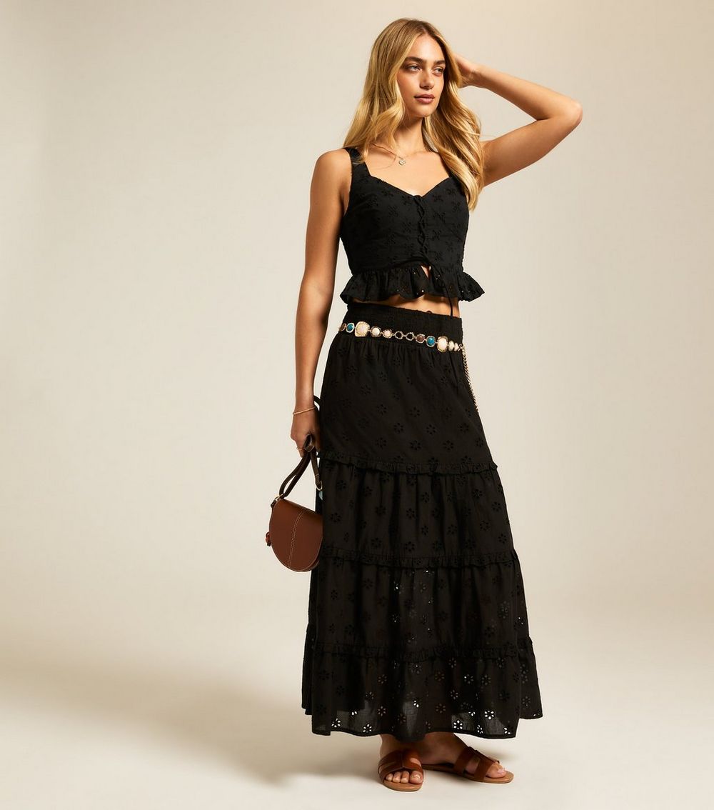 Black Broderie Anglaise Tiered Midi Skirt