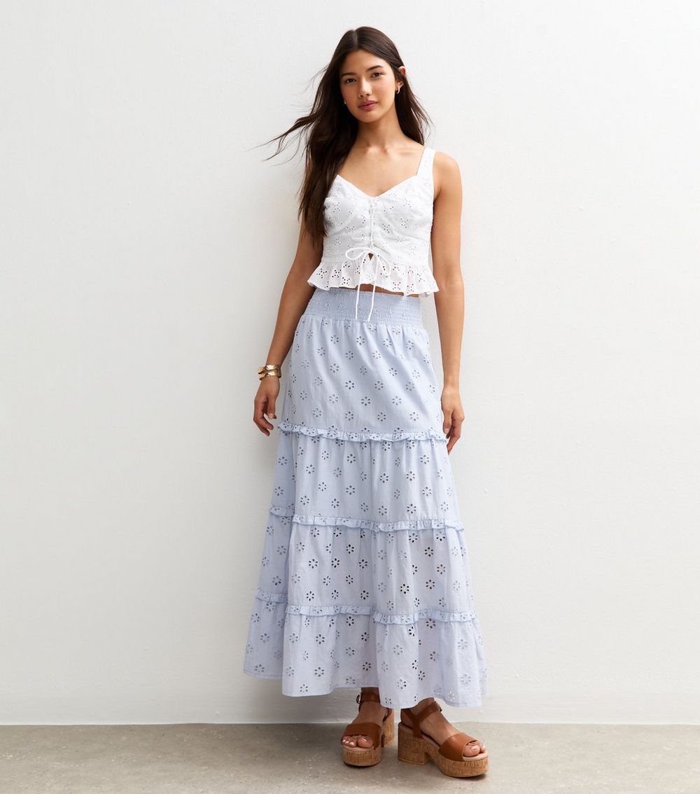 Light Blue Broderie Anglaise Tiered Midi Skirt