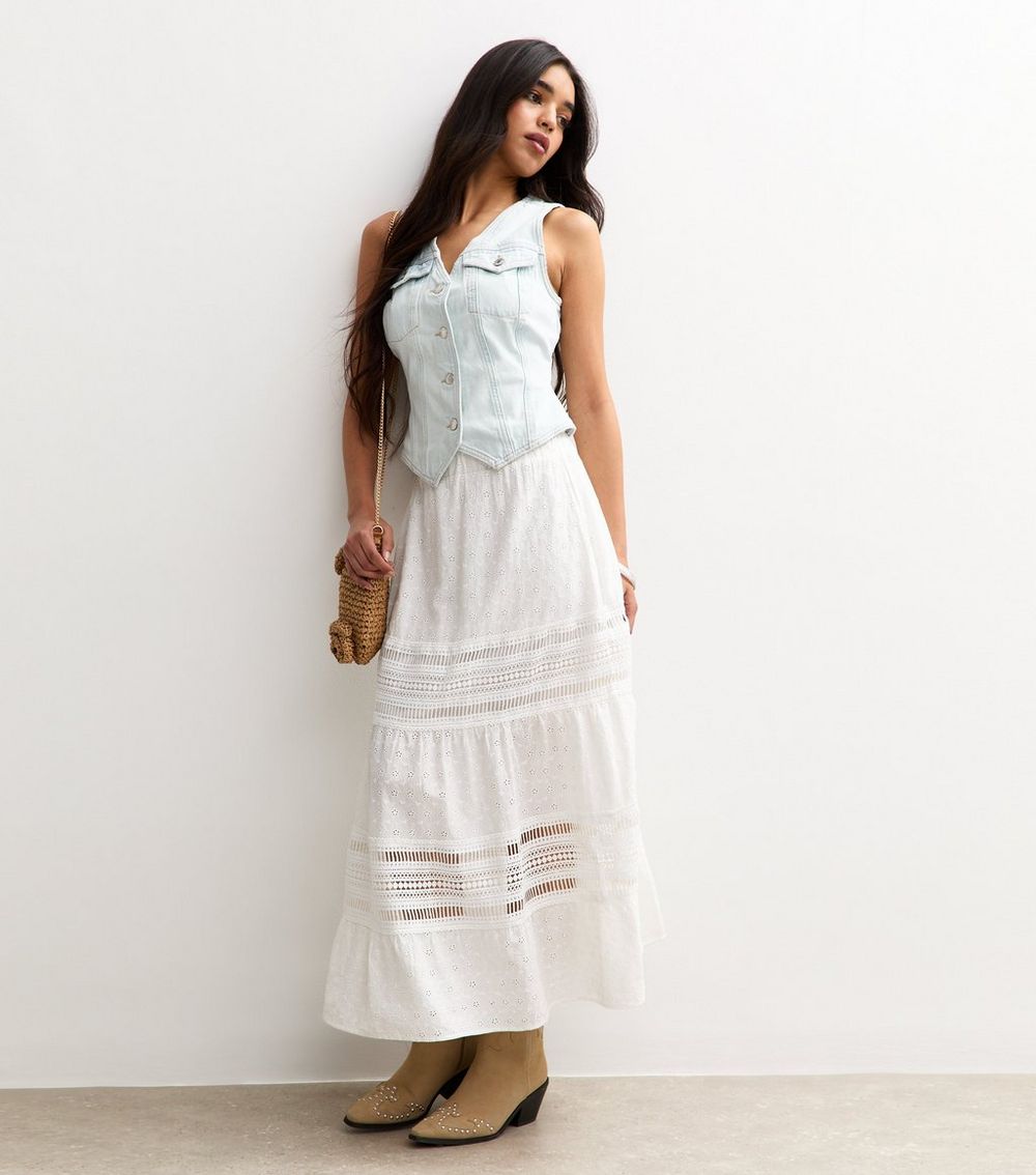 White Ladder Trim Cotton Midi Skirt