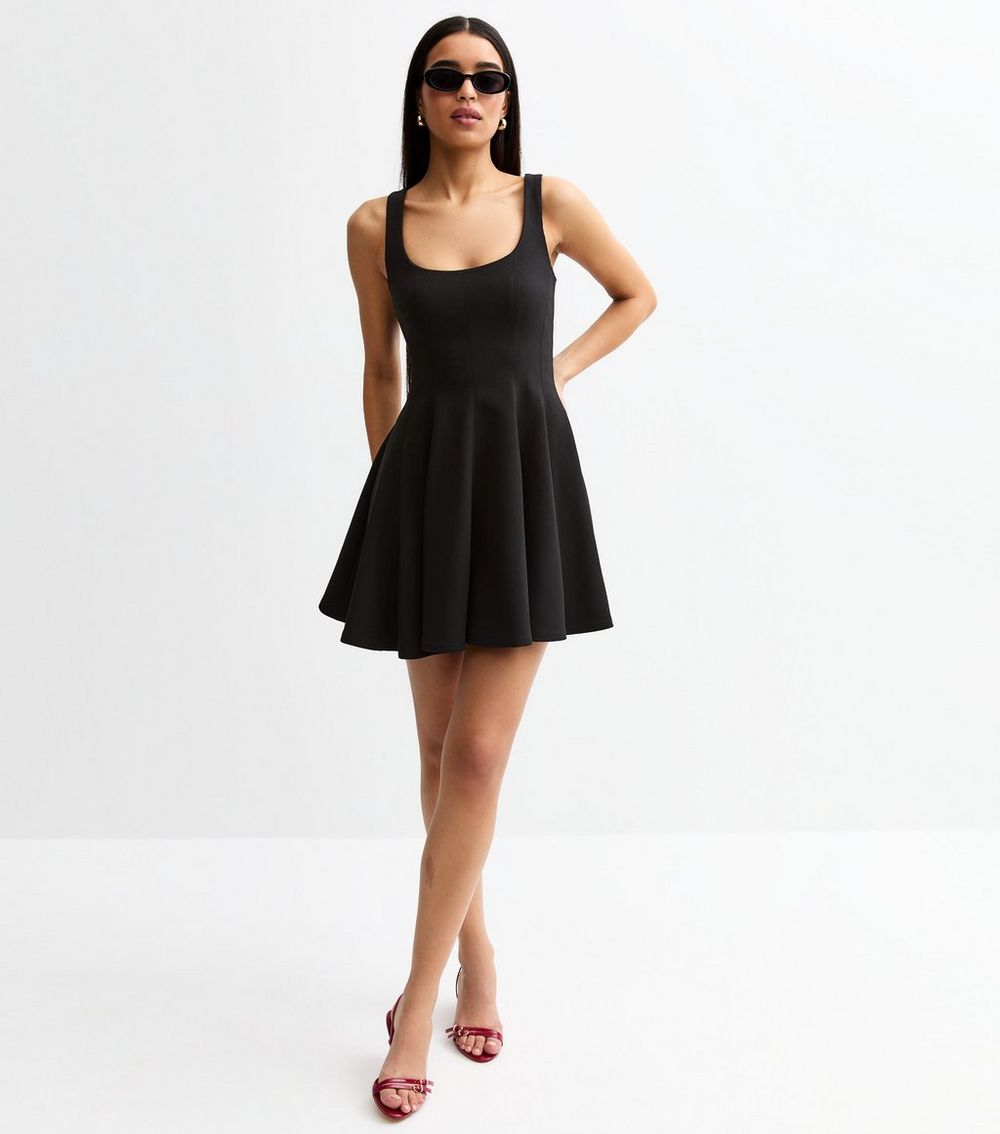 Black Square Neck Flared Mini Dress