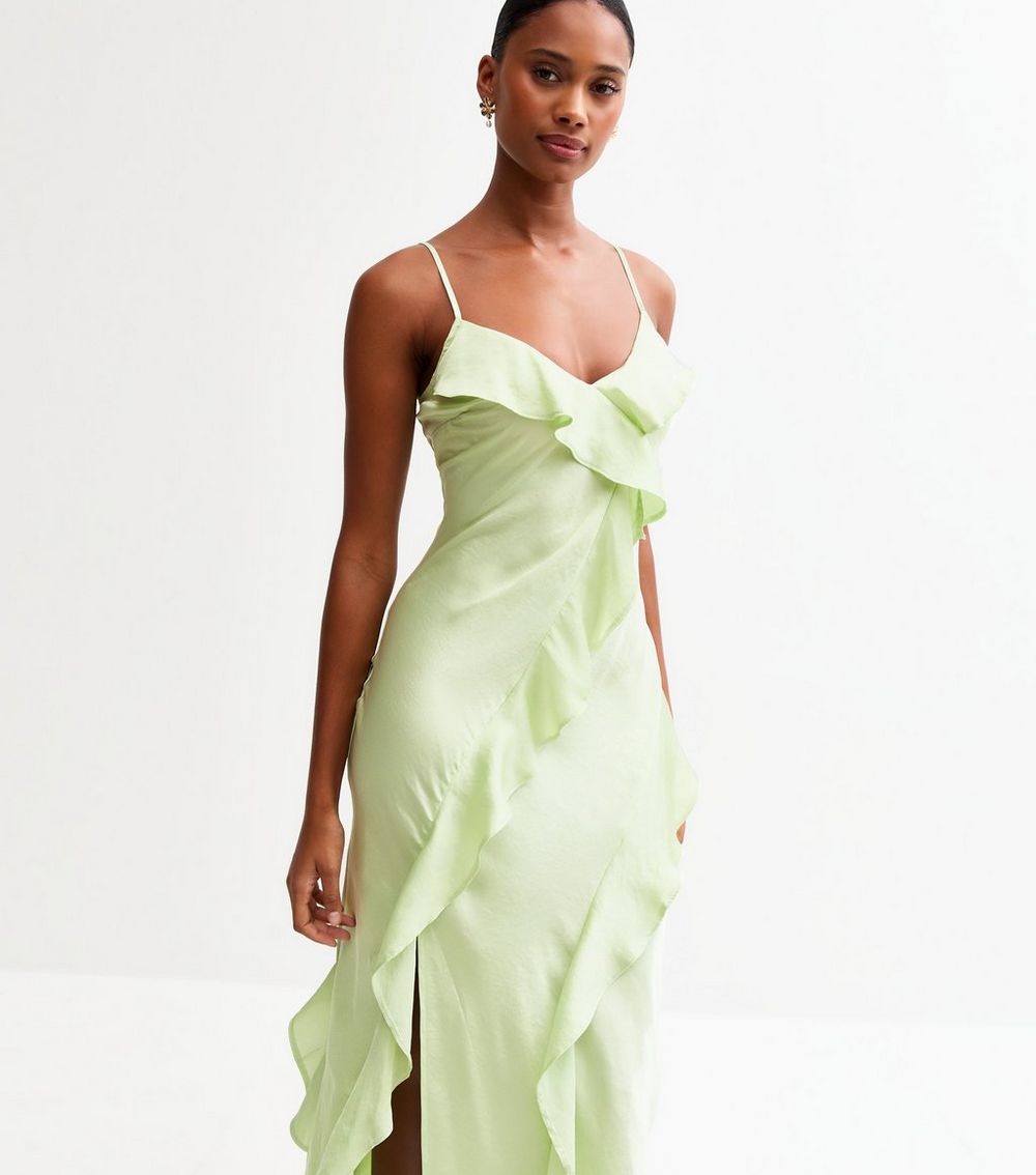 Green Ruffle Trim Satin Midi Dress