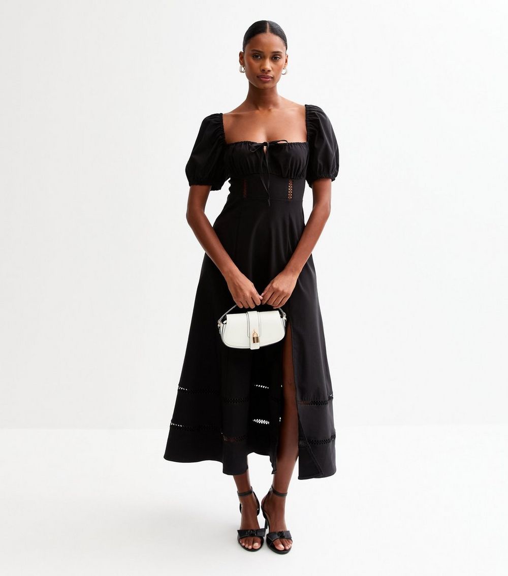 Black Puff Sleeve Slit Hem Midi Dress