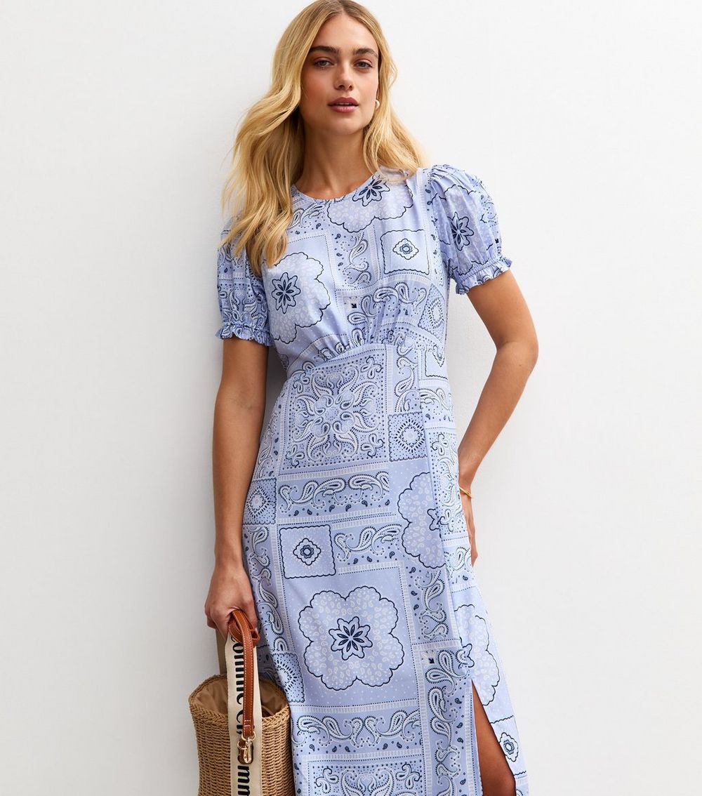 Blue Tile Print Slit Hem Midi Dress
