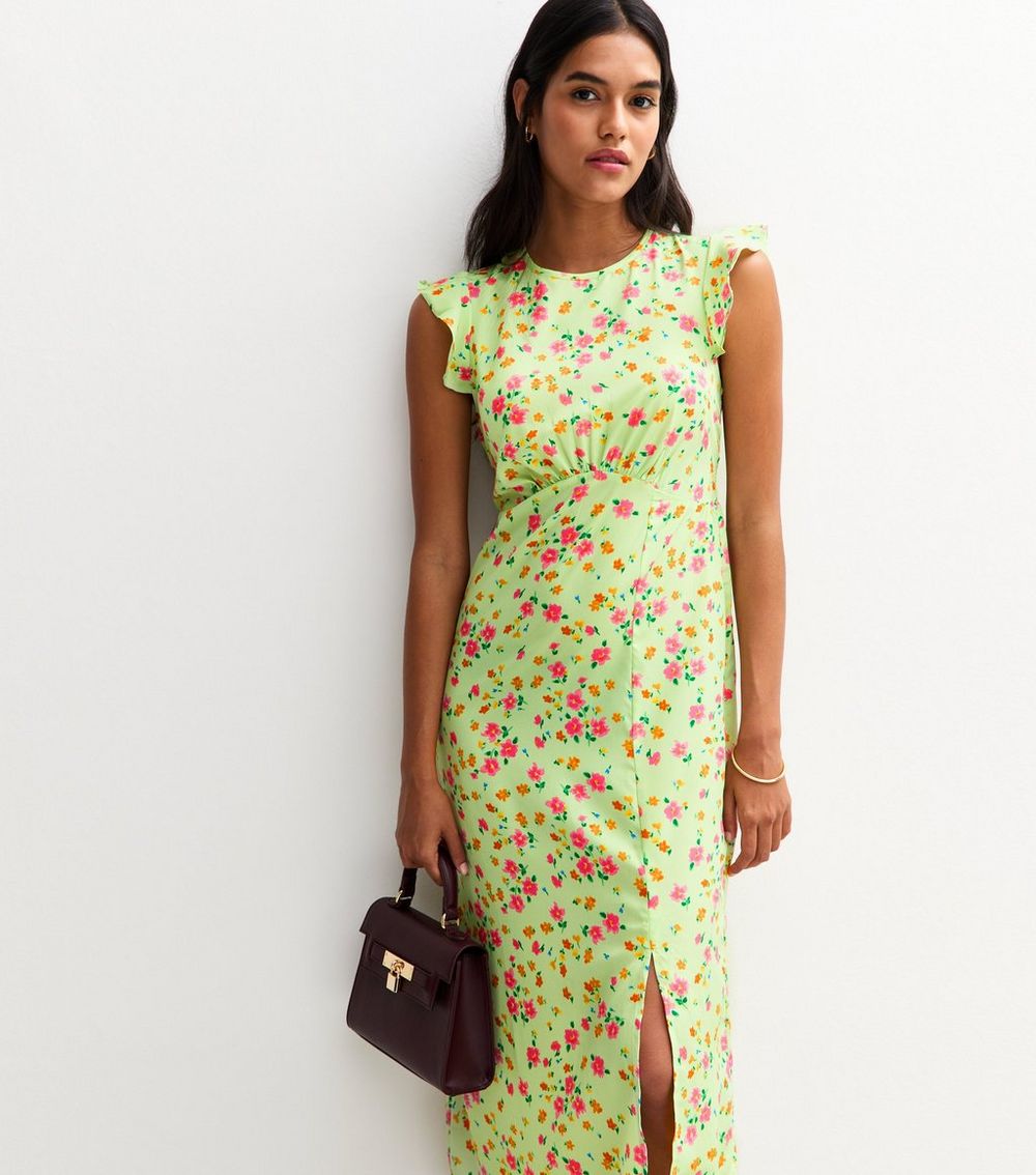 Green Crepe Ditsy Print Frill Sleeve Midi Dress