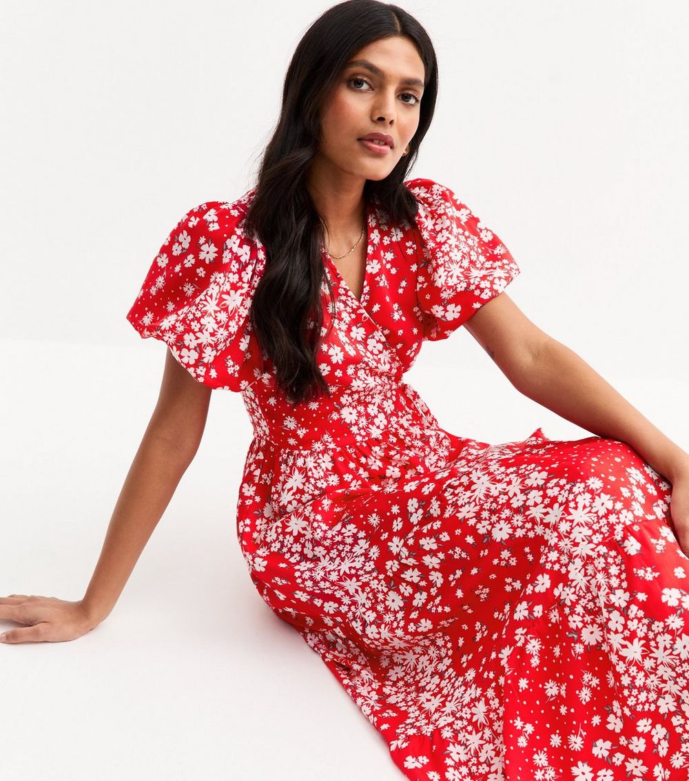 Red Lightweight Floral Print Wrap Midi Dress