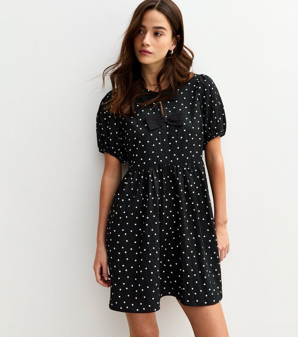 Black Bow Front Polka Dot Crinkle Texture Mini Dress