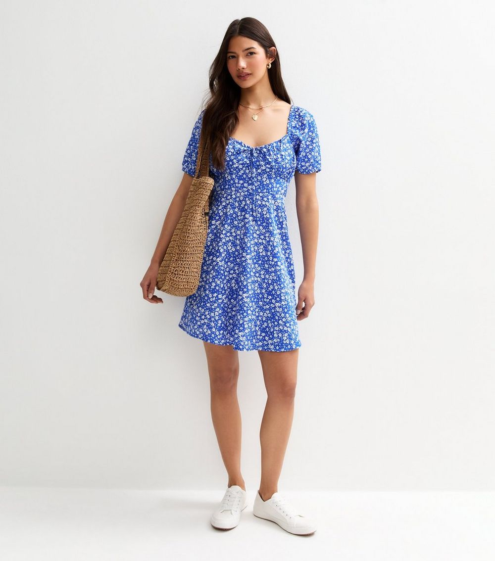 Blue Floral Print Mini Dress