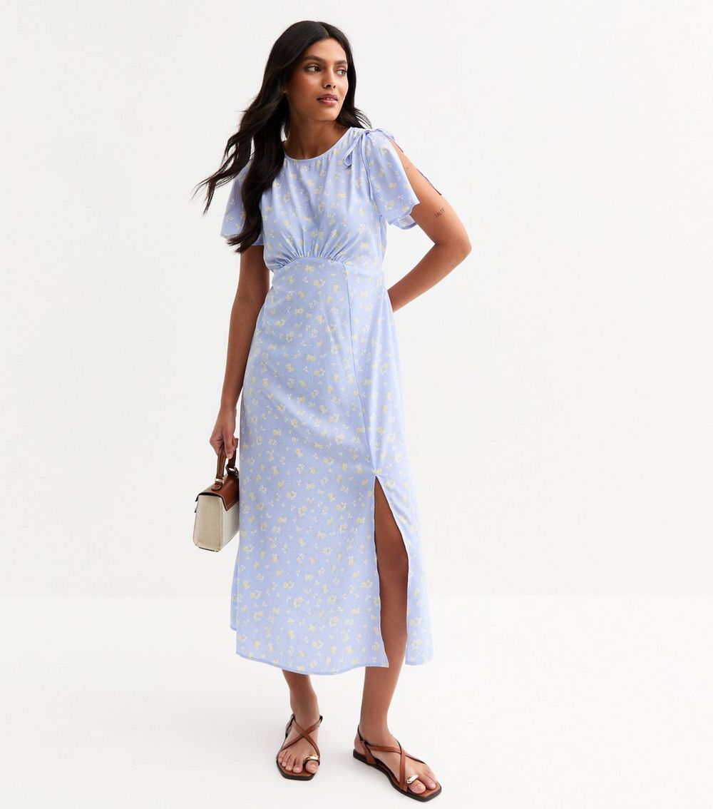 Blue Floral Print Split Sleeve Midi Dress