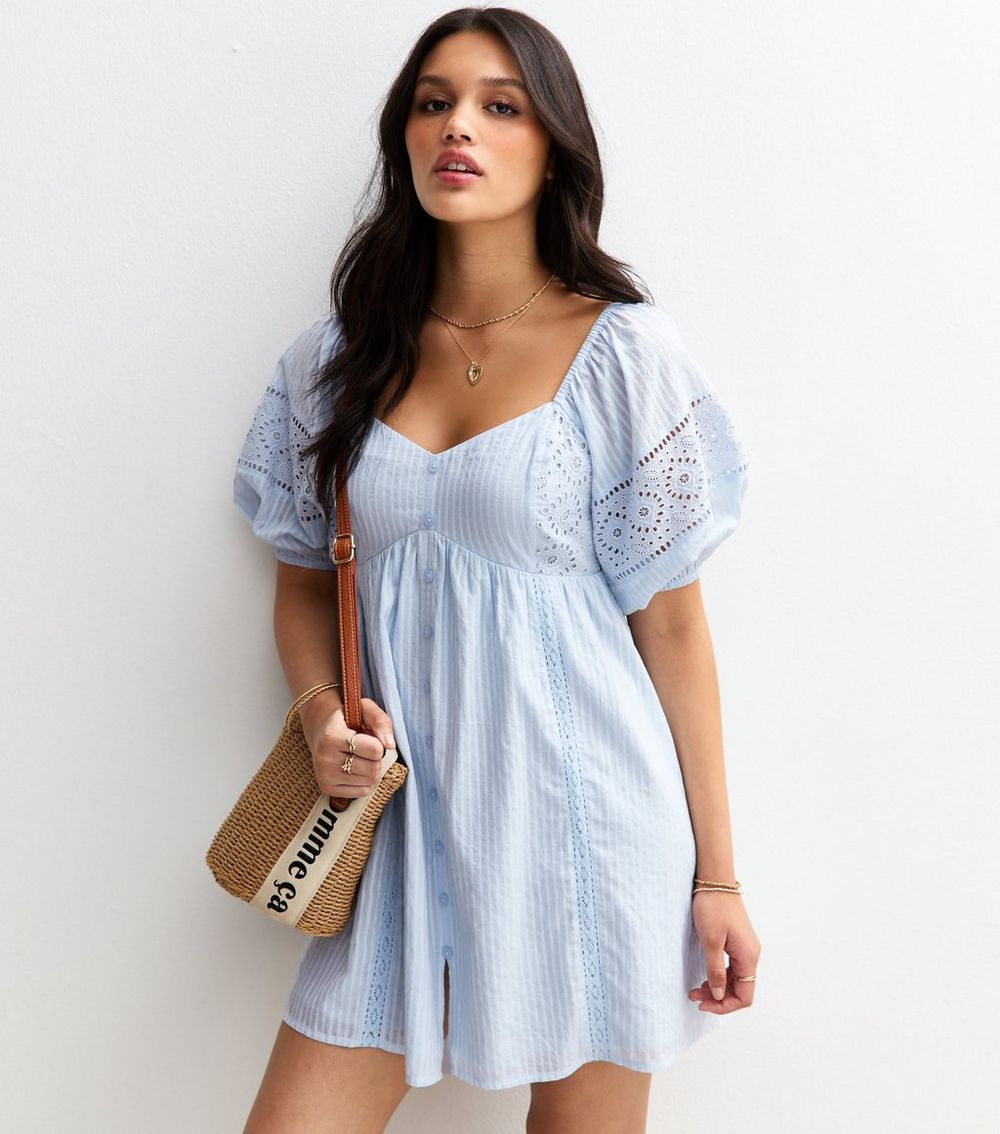 Light Blue Striped Embroidered Sleeve Mini Dress