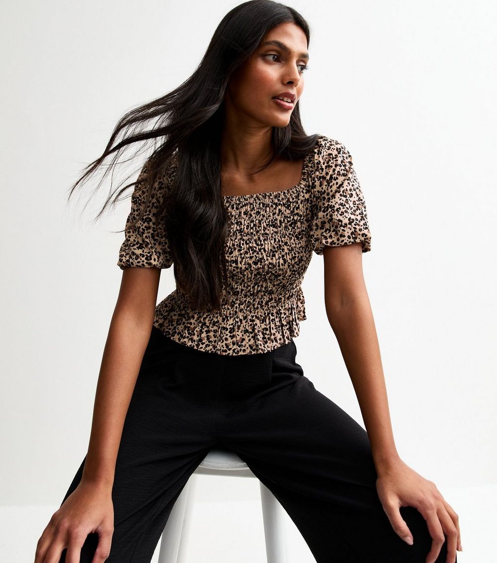 Brown Leopard Print Puff Sleeve Shirred Top