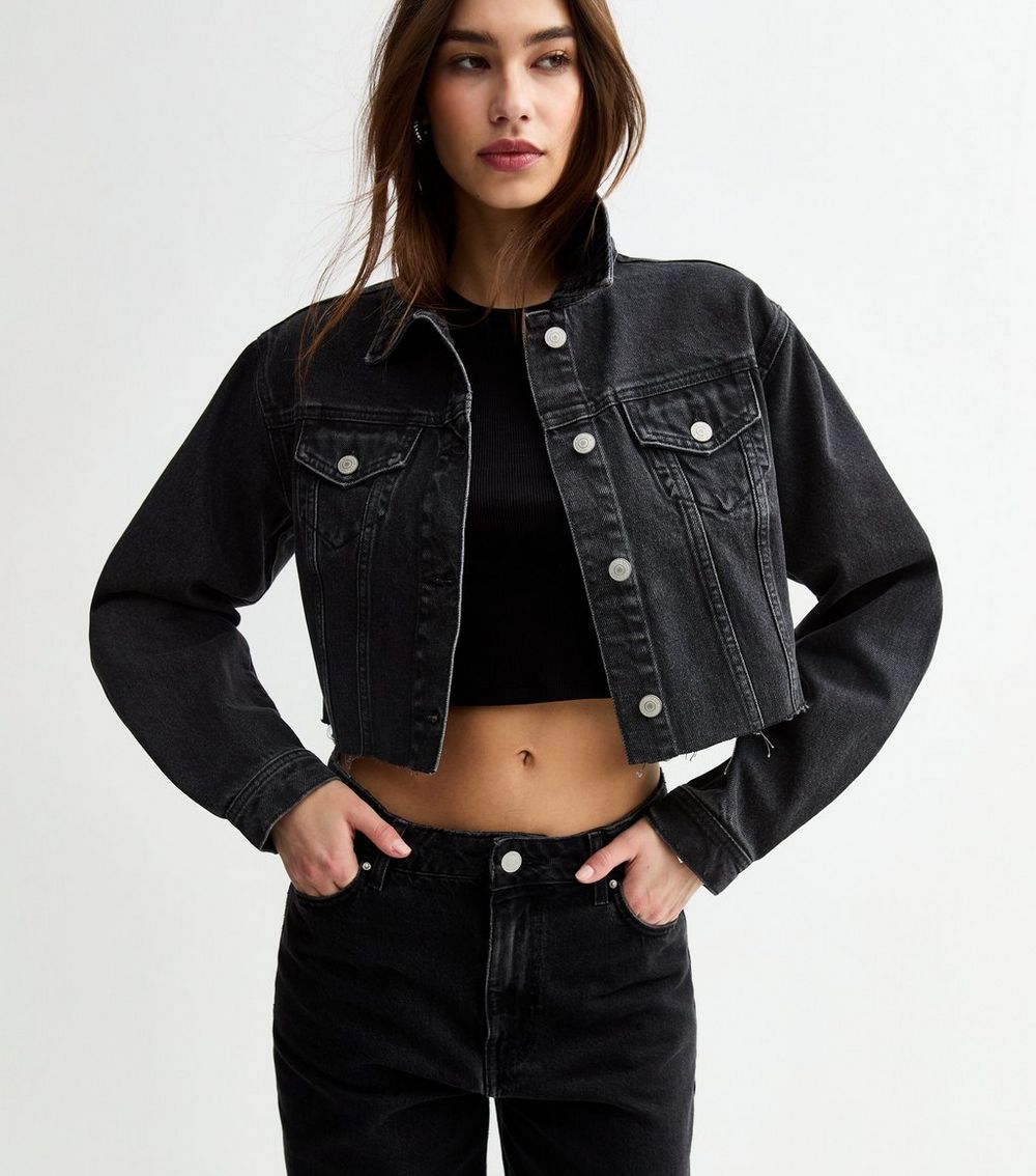 Black Raw Hem Cropped Denim Jacket