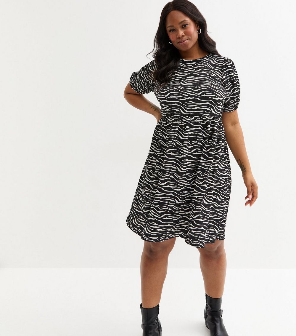 Curves Black Zebra Print Crinkled Mini Dress