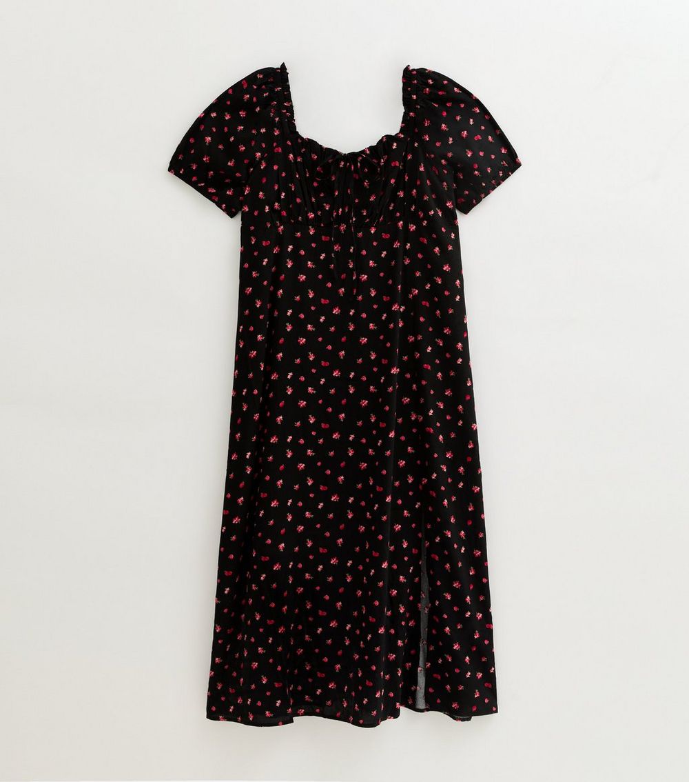 Black Berry Print Milkmaid Midi Dress