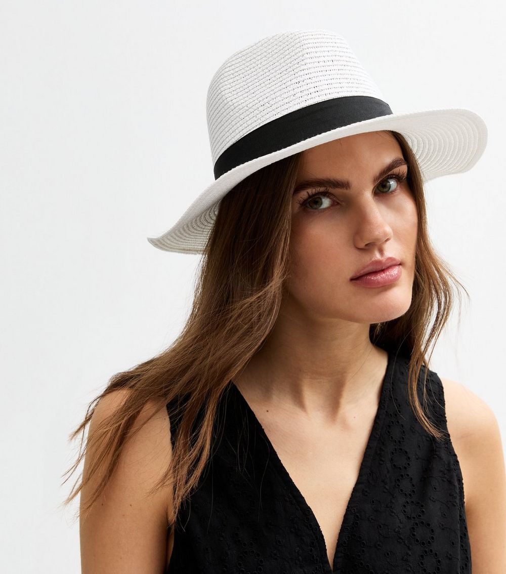 White Bow Detail Straw Effect Fedora Hat