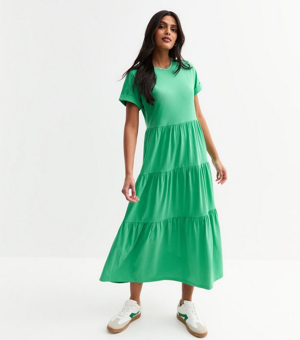 Green Jersey Tiered Skirt Midi Smock Dress