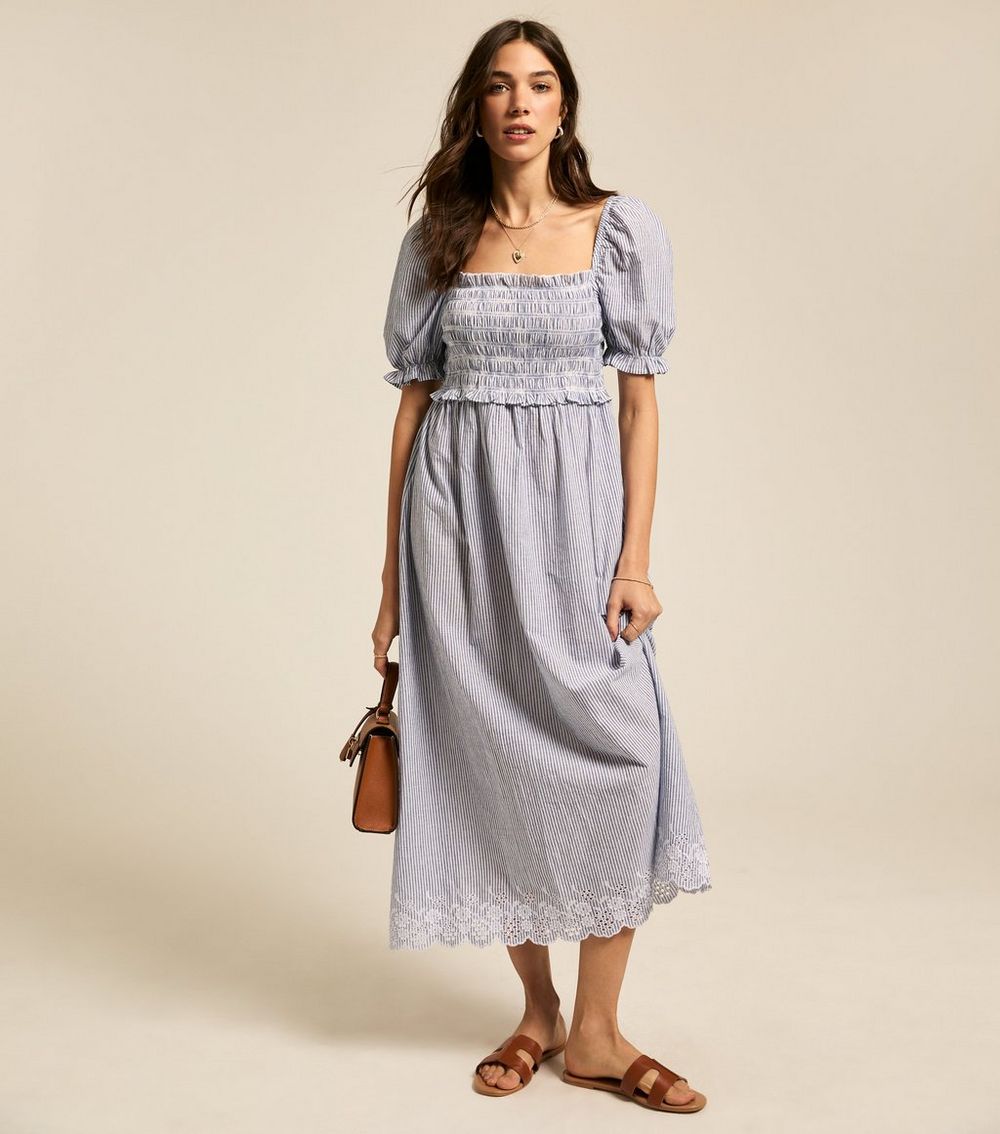 Blue Striped Puff Sleeve Midi Dress