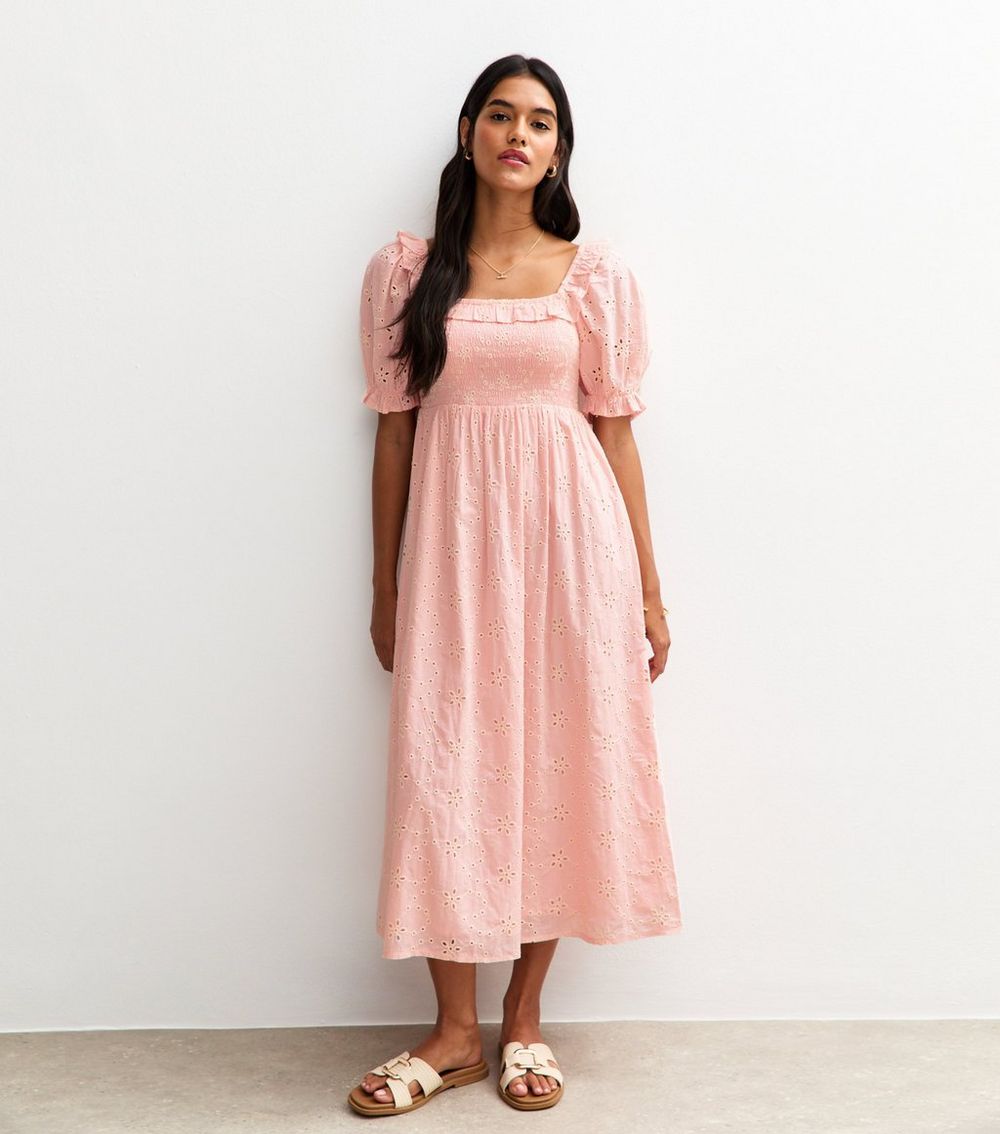 Light Pink Broderie Anglaise Milkmaid Midi Dress