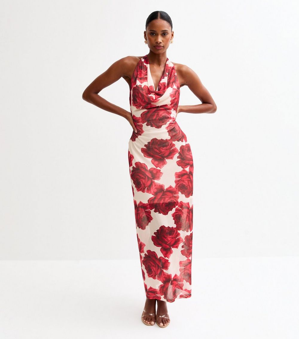 Red Rose Print Halterneck Mesh Midi Dress