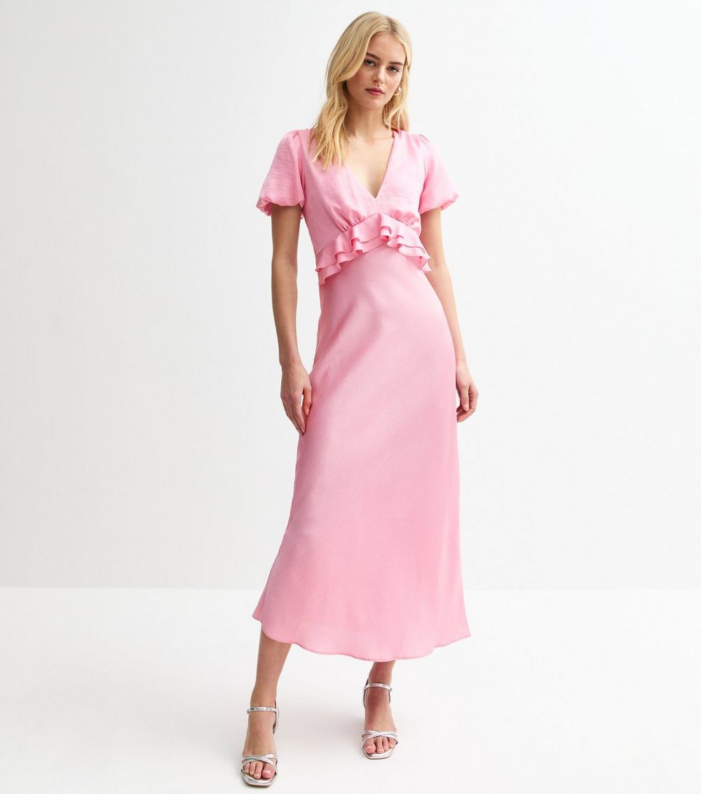 Tall Light Pink Satin Empire Line Ruffle Trim Midi Dress